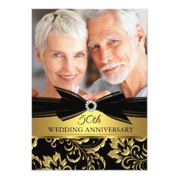 Small Wedding Anniversary Black Gold Damask Photo Front View