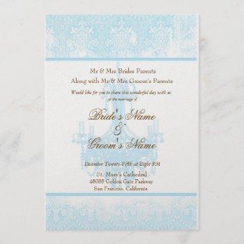 wedding aqua blue antique damask chandelier invitation