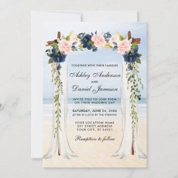 wedding beach canopy watercolor pink blue floral invitation
