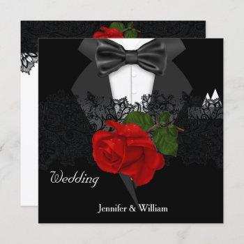 wedding black white tuxedo deep red rose invitation