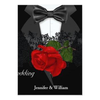 Small Wedding Black White Tuxedo Deep Red Rose Front View