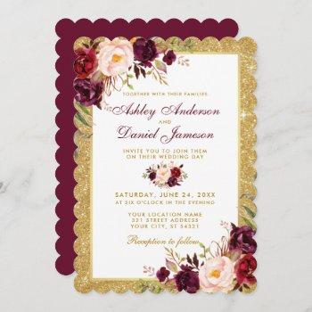 wedding burgundy floral gold glitter invitation s