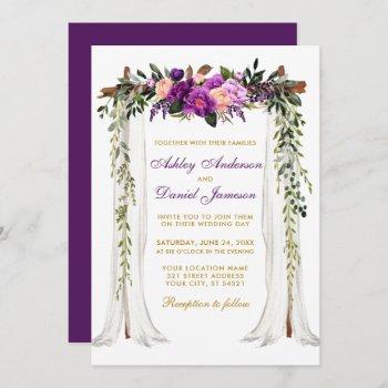 wedding canopy watercolor purple floral gold invitation