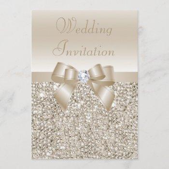 wedding champagne sequins, bow & diamond invitation