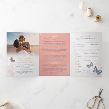 wedding coral blue butterflies all-in-one  tri-fold invitation
