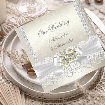 wedding cream white pearl lace damask diamond invitation