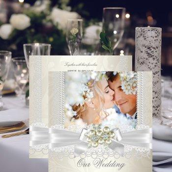 wedding cream white pearl lace damask diamond pic invitation