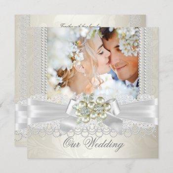 wedding cream white pearl lace damask diamond pic invitation