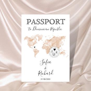 wedding destination passport blue world map peach invitation