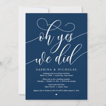 wedding elopement party, oh yes, we did, navy blue invitation