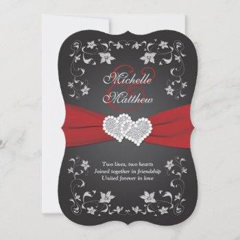 wedding invite 2 black red silver, floral, hearts