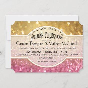 wedding invite bokeh movie ticket style gold pink