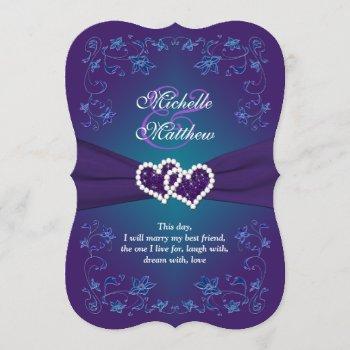Small Wedding Invite | Purple, Teal, Floral, Hearts Front View