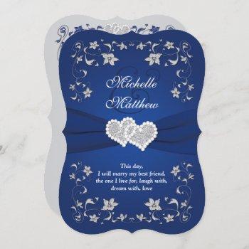 wedding invite | royal blue silver, floral, hearts
