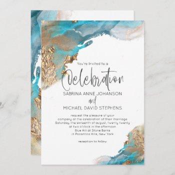 wedding  modern abstract aqua gold marble invitation