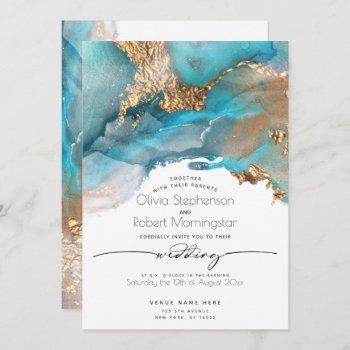 Small Wedding | Modern Aqua And Gold Marbled Ink Invita Front View