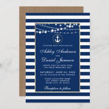 Small Wedding Nautical Blue Stripes Lights Invite B Front View