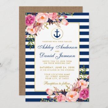 Small Wedding Nautical Blue Stripes Pink Floral Invite B Front View