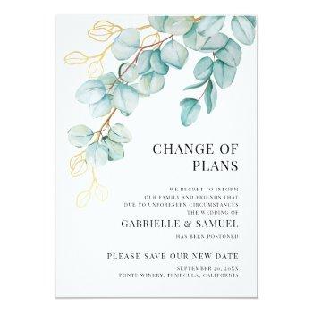 Small Wedding Postponed Elegant Teal And Gold Eucalyptus Announcement Front View