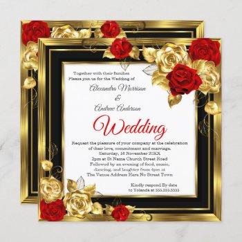 wedding red gold roses black gold photo invitation