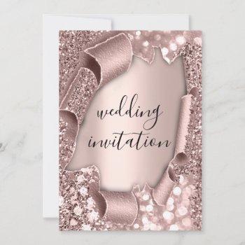 wedding rose 3d effect blush glitter invitation