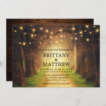 wedding rustic forest path wood string lights invitation