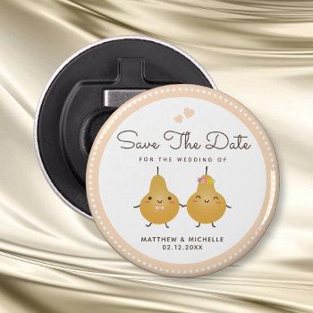 Small Wedding Save The Date Cute Mr & Mrs Cartoon Couple Bottle Opener Front View