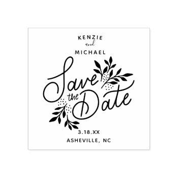 Small Wedding Save The Date Hand Lettered Botanical Rubber Stamp Front View