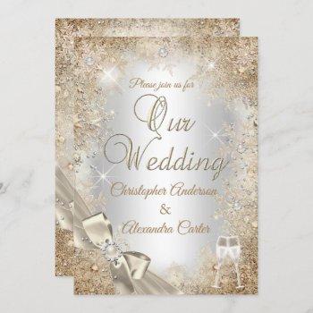 wedding silver beige cream pearl bow snowflake invitation