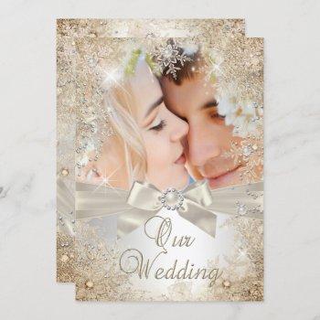 wedding silver beige cream pearl snowflake photo invitation