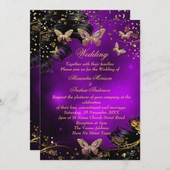 wedding sparkle purple gold black butterfly invitation