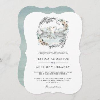 wedding swans elegant watercolor floral invitation