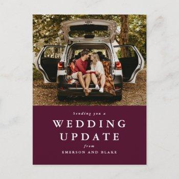 wedding update change the date maroon photo postcard