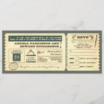 Small Wedding Vintage Ticket  With Rsvp Design Front View