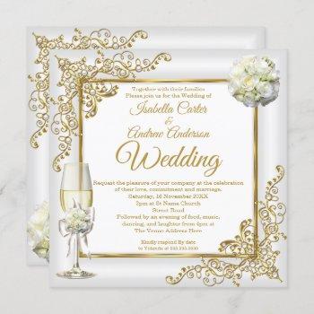 wedding vintage white champagne gold pearl photo invitation
