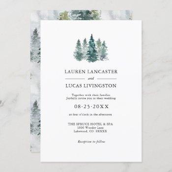 wedding watercolor rustic pine trees deep green invitation