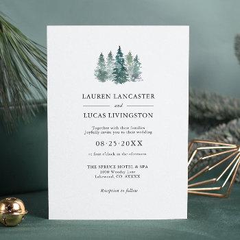 wedding watercolor rustic pine trees forest green invitation