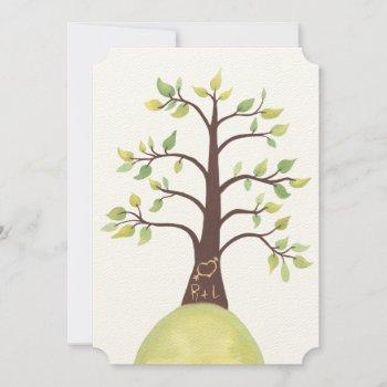 wedding watercolor tree initials carved in trunk invitation