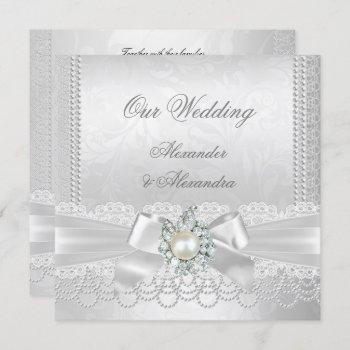 wedding white pearl lace damask diamond silver invitation