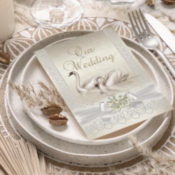 wedding white swans cream pearl lace damask invitation