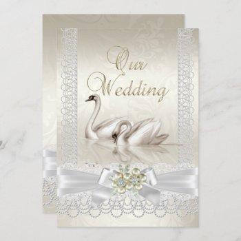 wedding white swans cream pearl lace damask invitation