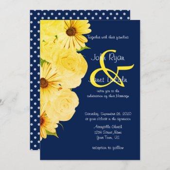 wedding yellow roses & daisies on dark blue invitation