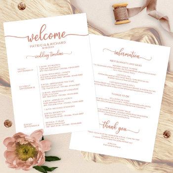 Small Weekend Wedding Schedule Rose Gold Calligraphy Front View