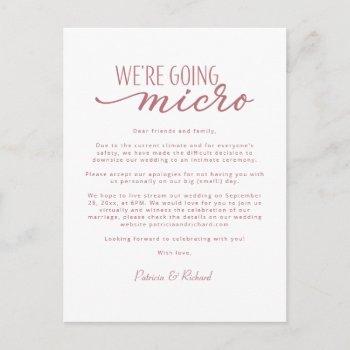 we're going micro downsize wedding announcement postcard