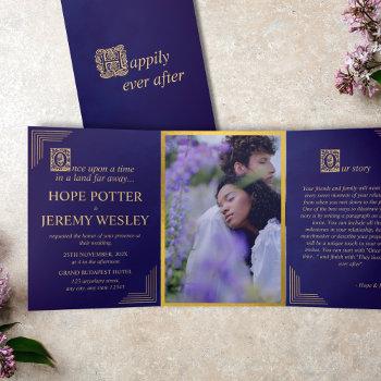 whimsical fairy tale book gold purple velvet tri-fold invitation