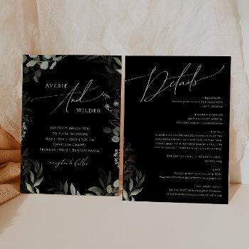 whimsical greenery black gold all in one wedding invitation