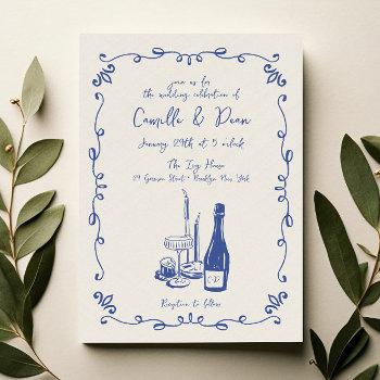 whimsical hand lettered illustrated dinner wedding invitation