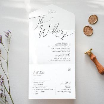 whimsical minimal script wedding of seal and send  all in one invitation