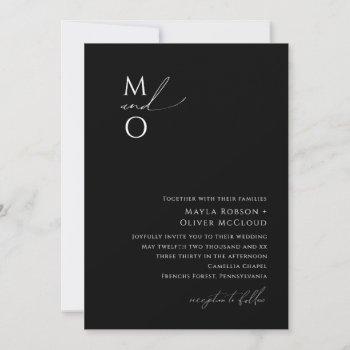 whimsical minimalist script black monogram wedding invitation
