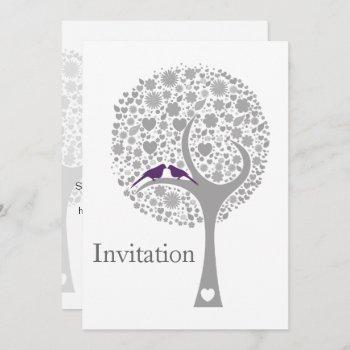 Small Whimsy Tree Purple Lovebirds Mod Wedding Invites Front View